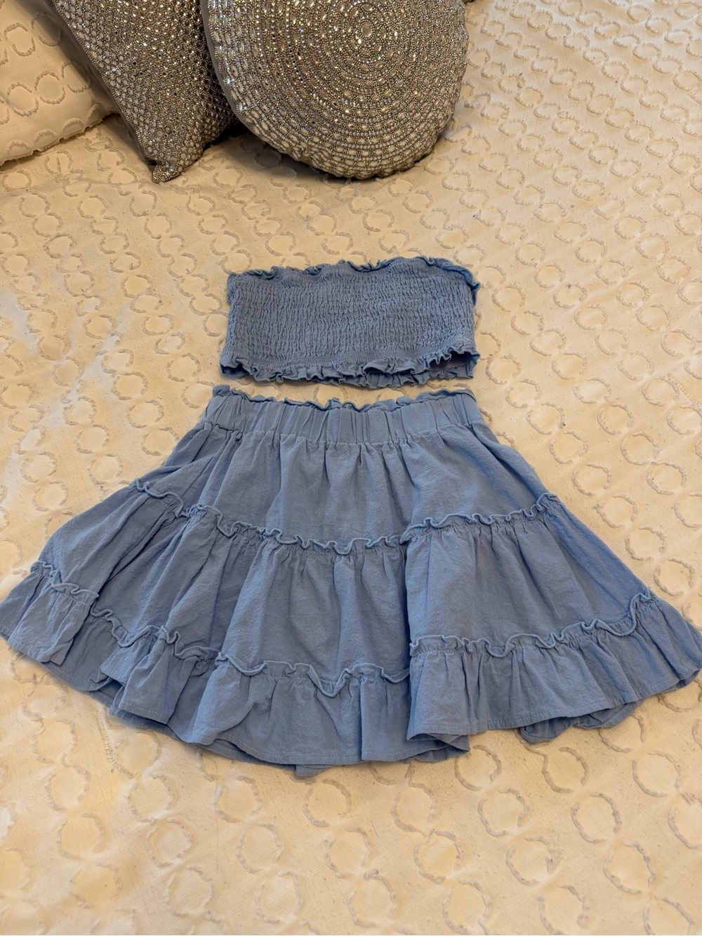 Light Blue Two-Piece Smocked Tube Top & Ruffled Skirt